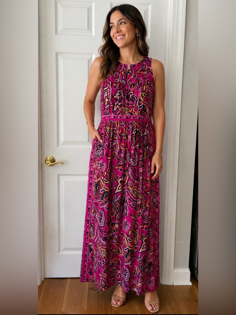 INC International Concepts Fuchsia Paisley Halter Dress with Navy & Gold Accents